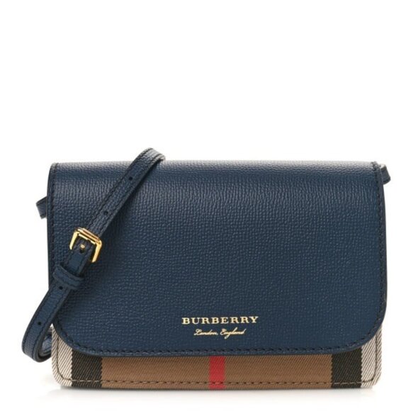 Burberry Hampshire Horse Check Canvas Derby Leather Crossbody Bag Ink Bl… - Picture 1 of 12